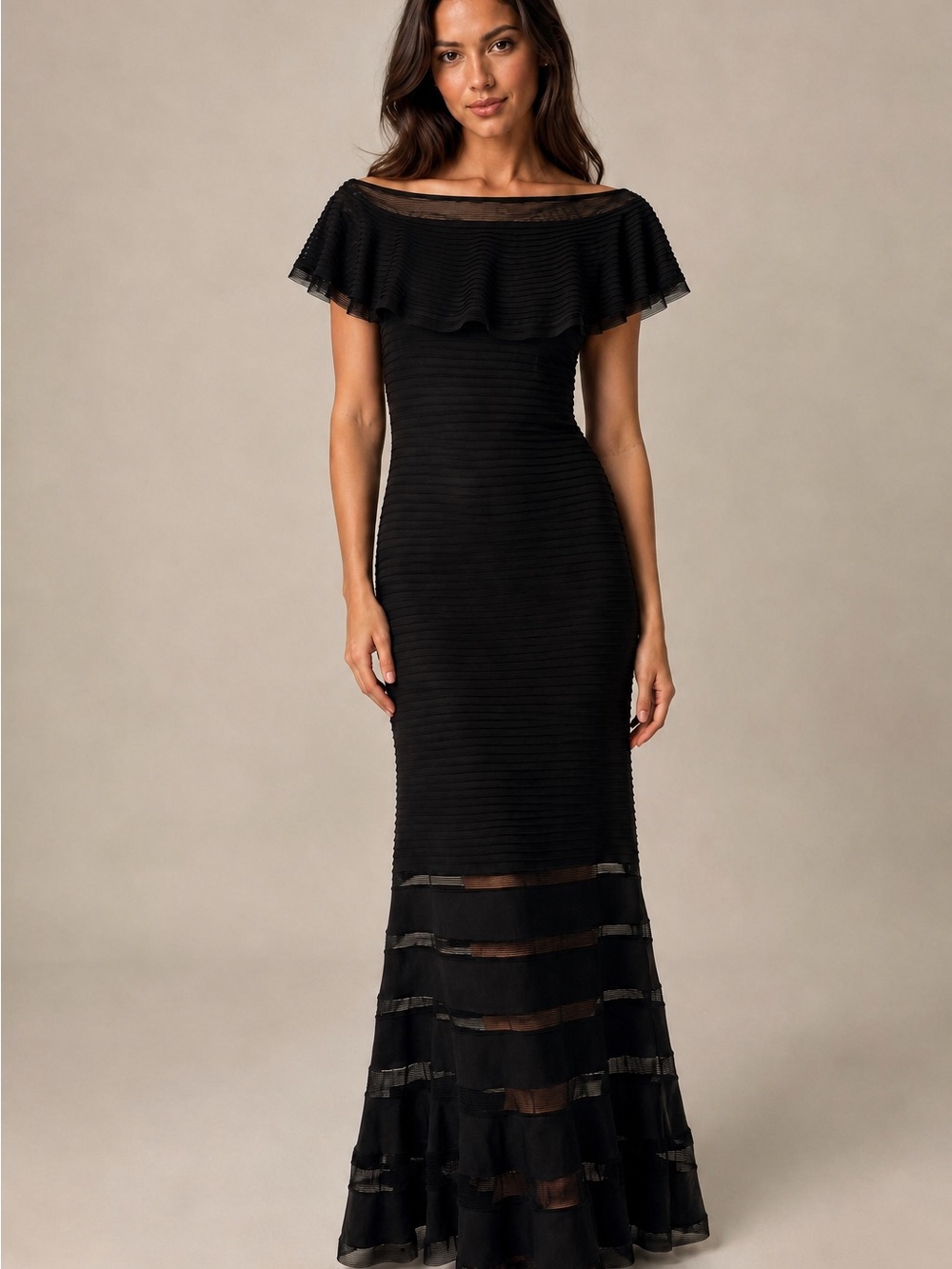 Tadashi Shoji Black One-Shoulder Ruffle Column Gown